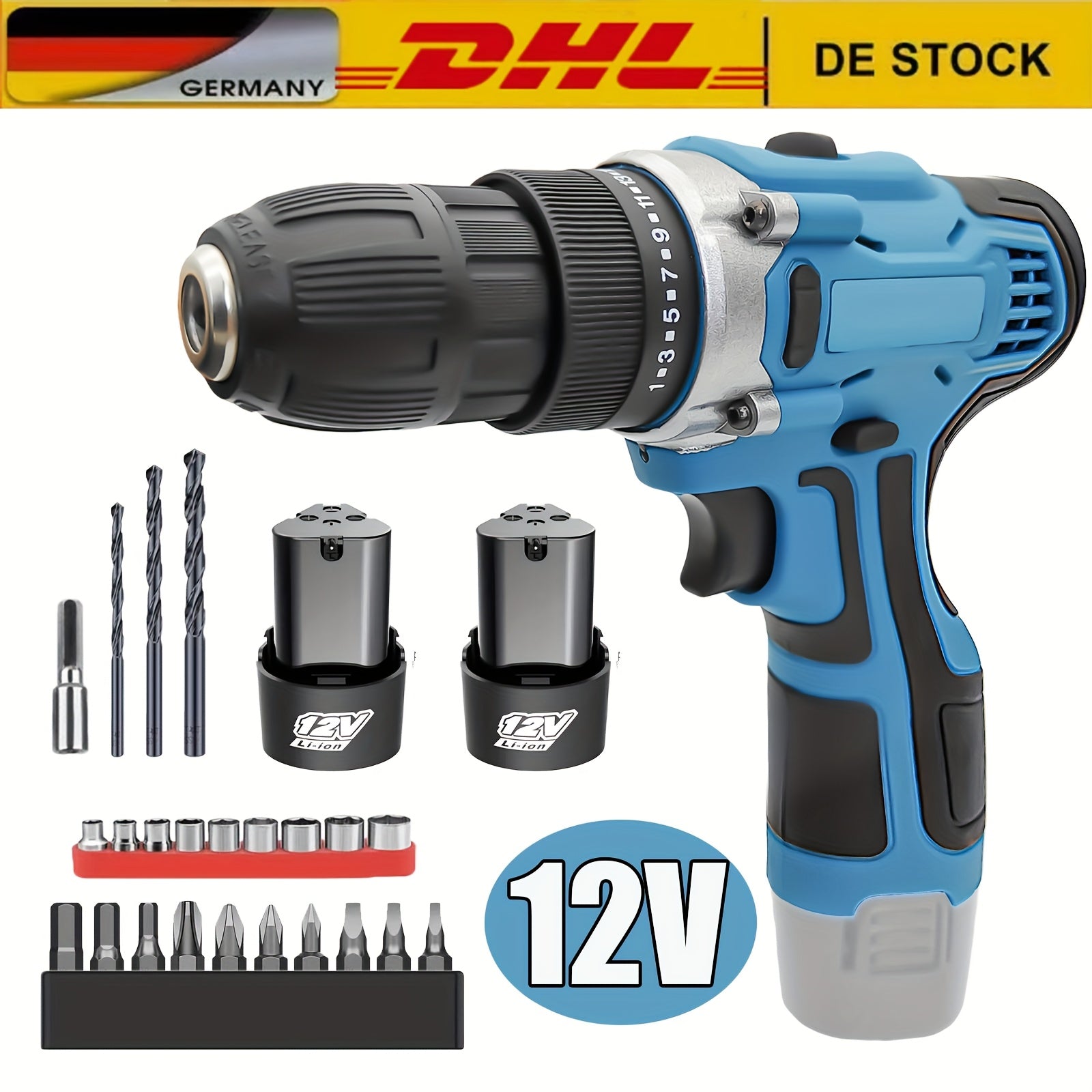 Drill 12V Cordless Drill & Electric Screwdriver Set with 22pcs Accessories, 2, 45Nm High Torque, 25+1 Speed Settings, 2-Speed/ Lithium-Ion Combi Drill, LED Work Light for Home DIY, Carpentry, Renovation (Heavy
