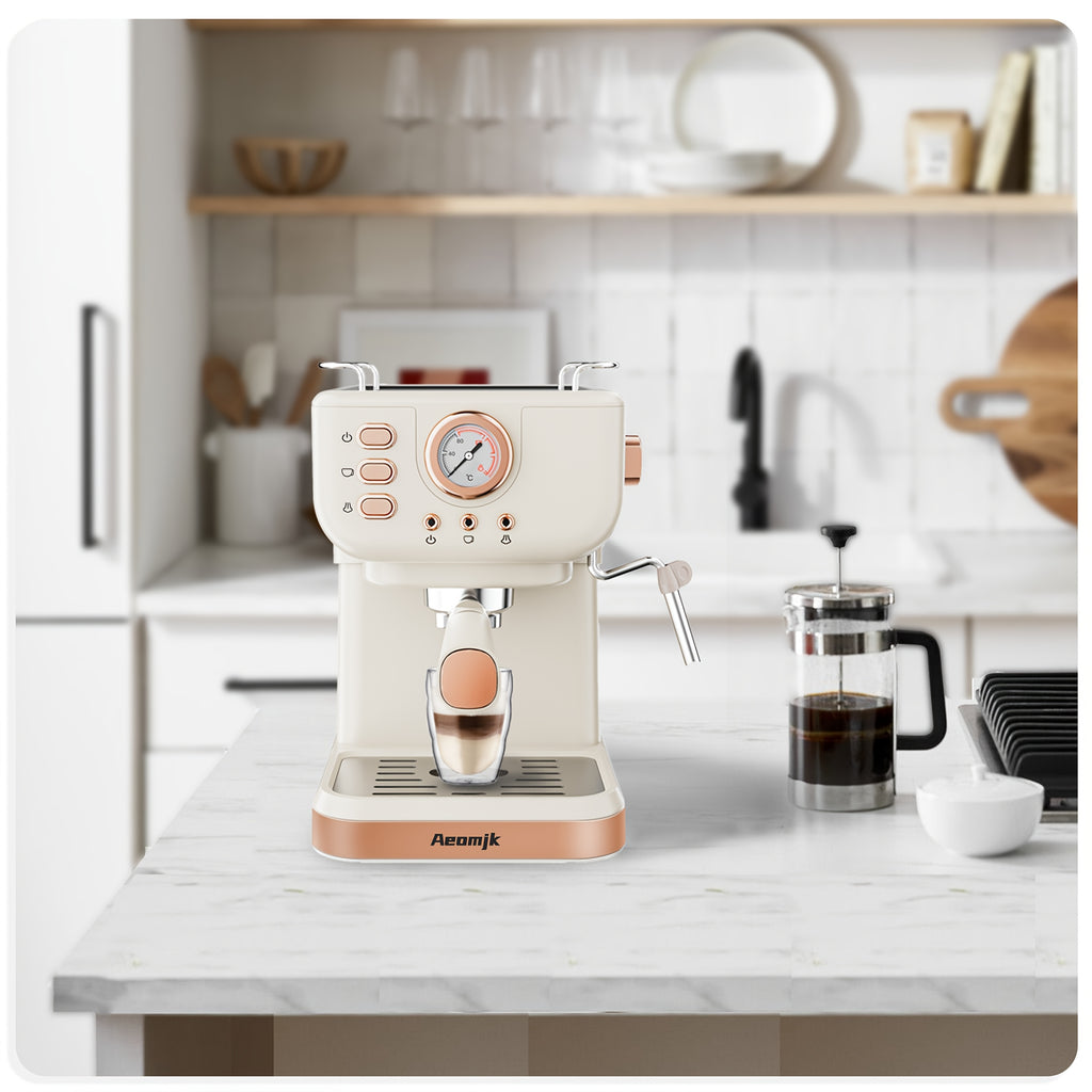 Coffee Machine Aeomjk Italian , One-Button Operation with Thermometer, Semi-Automatic Espresso Maker, 1.5L Water Tank for Espresso, Latte, Cappuccino