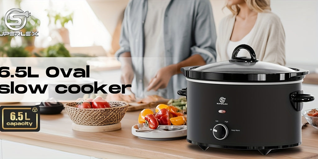 Slow Cooker SUPERLEX 6.5L Large Oval  | 200W Energy-Efficient Ceramic Pot | 4-Temp Control (High/Low/Warm/Off) | Tempered Glass Lid | Perfect for Party Cooking, Slow Cooker Recipe, Home Cooking, Stylish Cookware, Sleek Design,