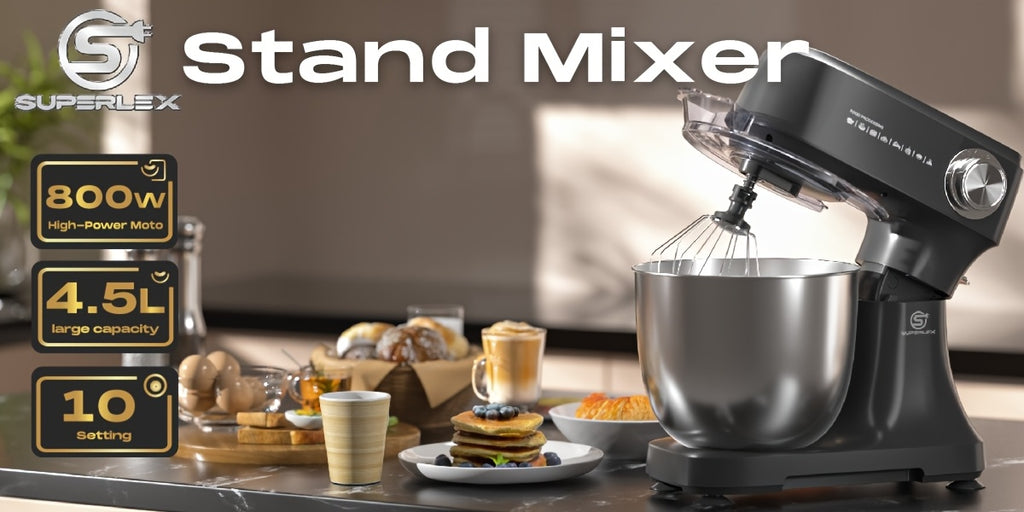 Mixer Food Processor 800 W SUPERLEX with 4.5L Stainless Steel Bowl - Professional Kneading Machine with 10 Speeds, Dough Hook, Whisk & Scraper - Stand Mixer for Bread, Cakes & More