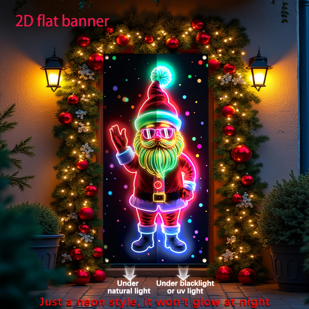 Door Banner 2D Flat, 1pc Festive Santa Claus Neon  - Durable Polyester, Glowing Christmas & New Year Party Decor