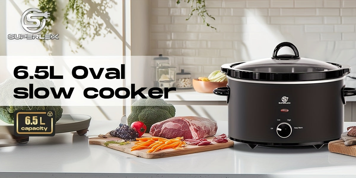 Slow Cooker SUPERLEX 6.5L Large Oval  | 200W Energy-Efficient Ceramic Pot | 4-Temp Control (High/Low/Warm/Off) | Tempered Glass Lid | Perfect for Party Cooking, Slow Cooker Recipe, Home Cooking, Stylish Cookware, Sleek Design,