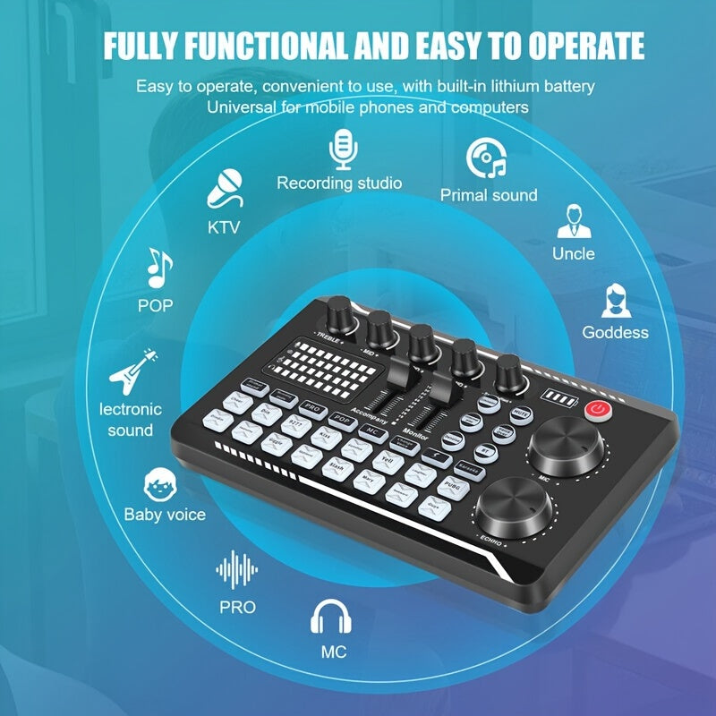 Sound Card USB-Powered Live  with Audio Interface, DJ Mixer Effects, Voice Changer, Rechargeable 1200mAh Lithium Battery, for Streaming, Podcasting, Gaming - Studio Equipment
