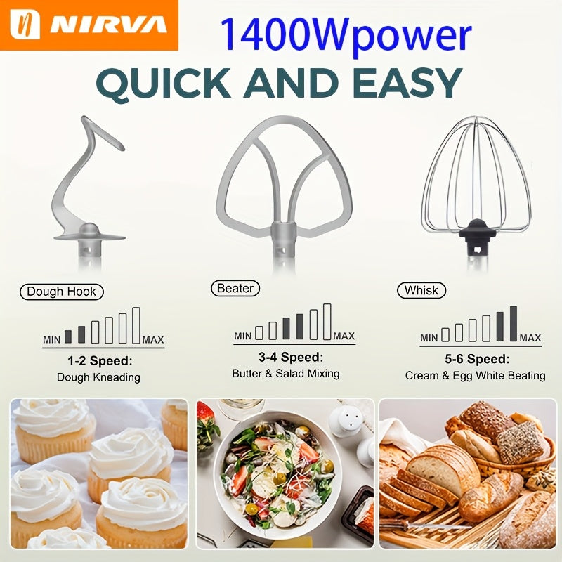 Mixer Nirva1400W high-speed electric kitchen mixer, with 240-ounce stainless steel bowl - 6-speed, handheld cream whisk and egg beater, suitable for baking and mixing, portable design,