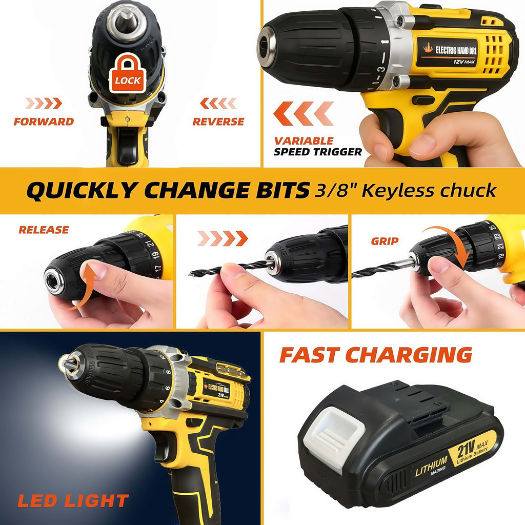 Drill Set Wireless . The New Impact Drill Is Equipped With A 3/8-inch Keyless Chuck And A Work Light