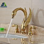 Faucet Bathroom Soild Copper Gold Finish  Faucet Luxury Golden Swan Shape Basin Tap Dual Handle Deck Mount