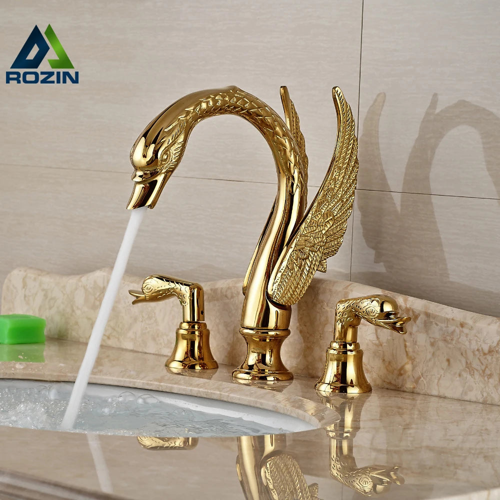 Faucet Bathroom Soild Copper Gold Finish  Faucet Luxury Golden Swan Shape Basin Tap Dual Handle Deck Mount