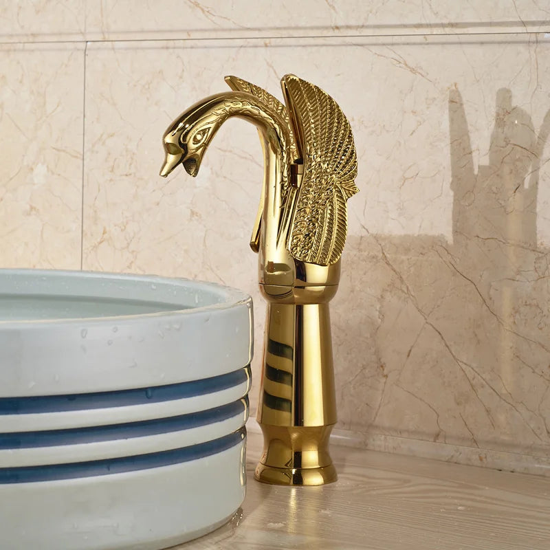 Faucet Bathroom Soild Copper Gold Finish  Faucet Luxury Golden Swan Shape Basin Tap Dual Handle Deck Mount