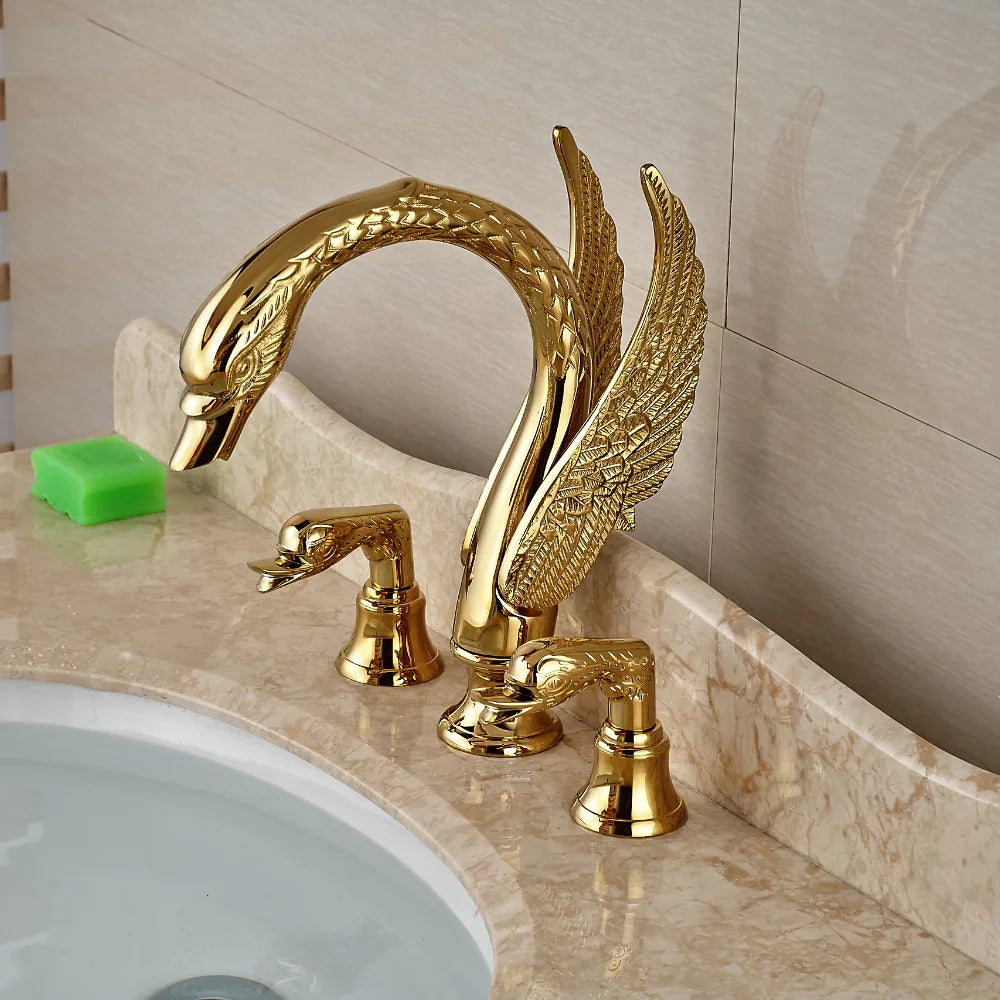 Faucet Bathroom Soild Copper Gold Finish  Faucet Luxury Golden Swan Shape Basin Tap Dual Handle Deck Mount