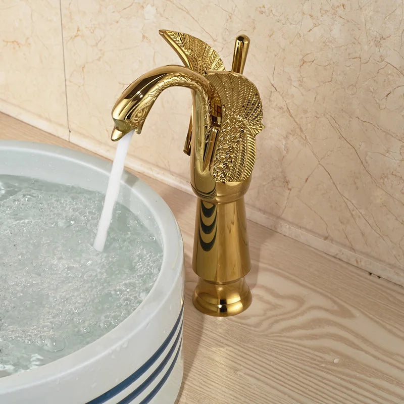 Faucet Bathroom Soild Copper Gold Finish  Faucet Luxury Golden Swan Shape Basin Tap Dual Handle Deck Mount