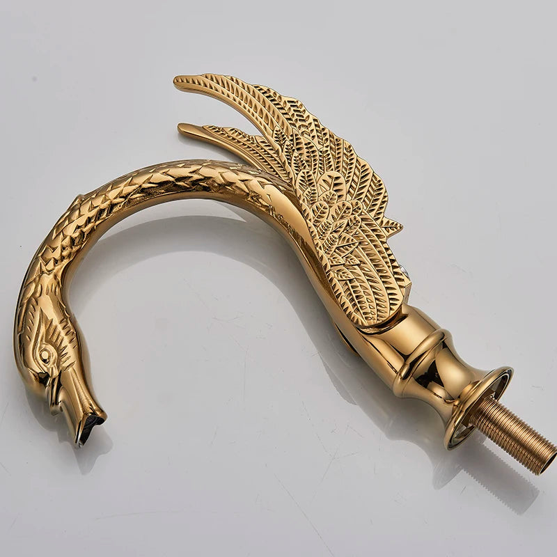 Faucet Bathroom Soild Copper Gold Finish  Faucet Luxury Golden Swan Shape Basin Tap Dual Handle Deck Mount