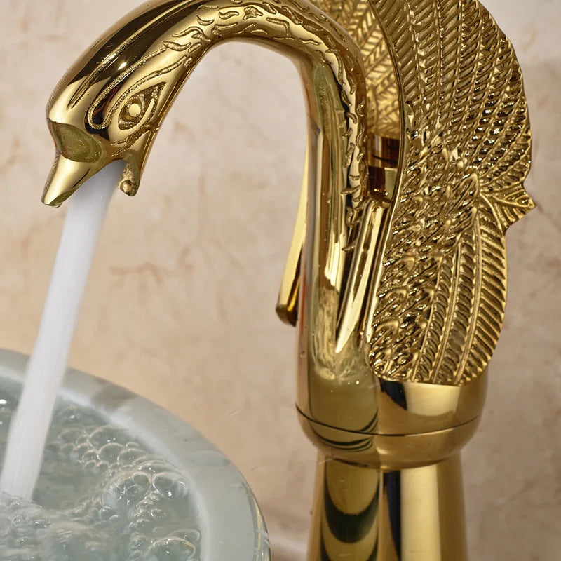 Faucet Bathroom Soild Copper Gold Finish  Faucet Luxury Golden Swan Shape Basin Tap Dual Handle Deck Mount