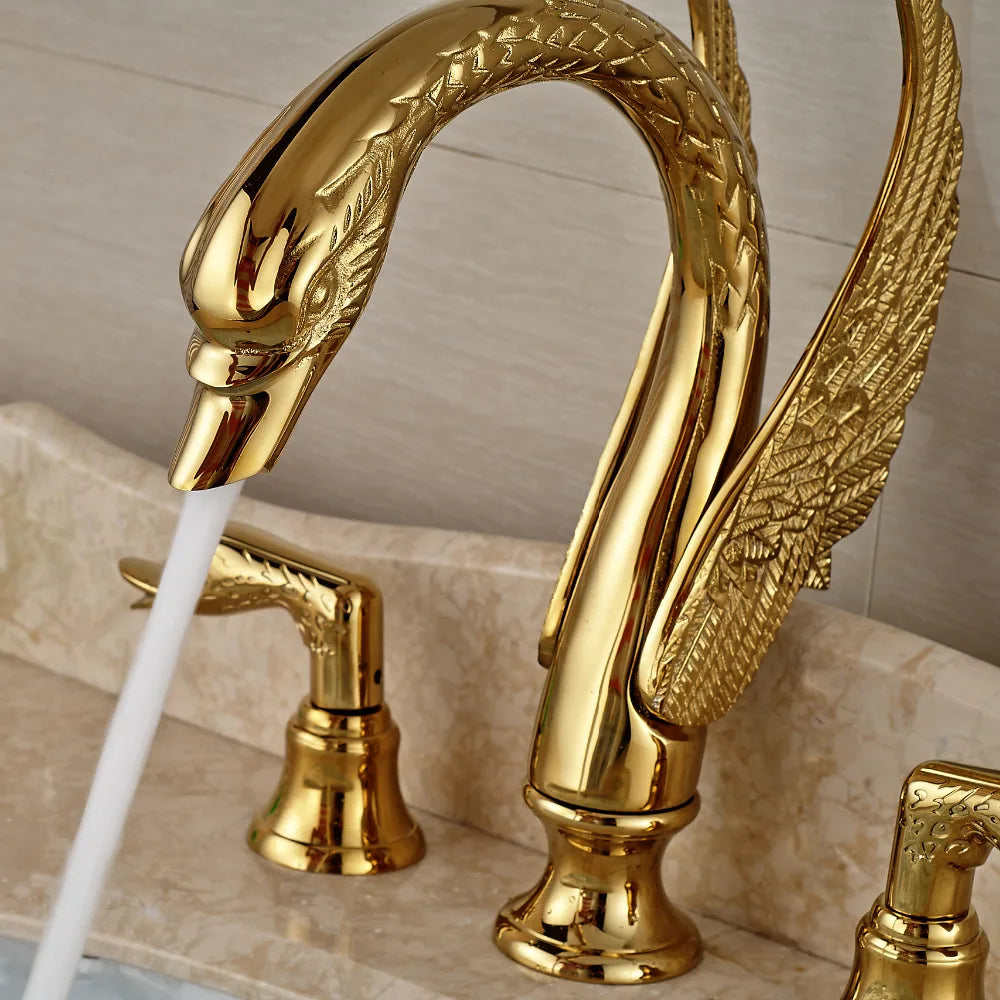 Faucet Bathroom Soild Copper Gold Finish  Faucet Luxury Golden Swan Shape Basin Tap Dual Handle Deck Mount