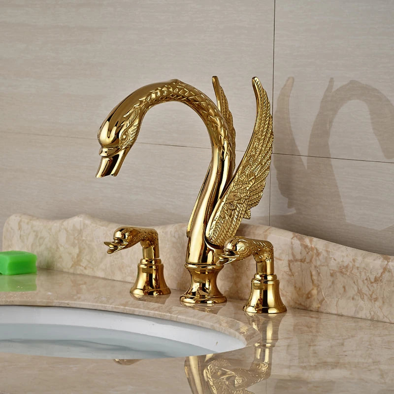 Faucet Bathroom Soild Copper Gold Finish  Faucet Luxury Golden Swan Shape Basin Tap Dual Handle Deck Mount