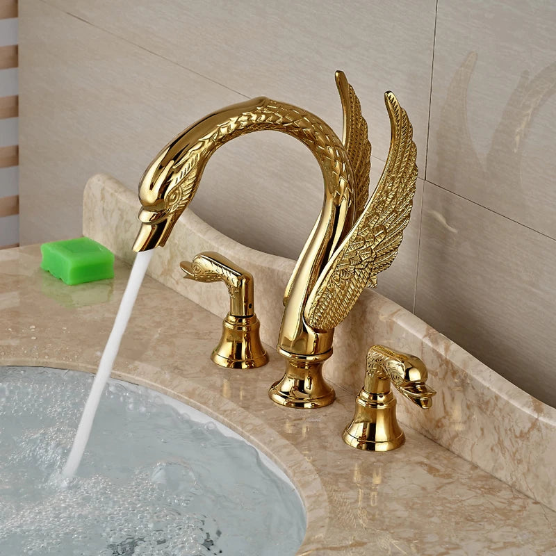 Faucet Bathroom Soild Copper Gold Finish  Faucet Luxury Golden Swan Shape Basin Tap Dual Handle Deck Mount