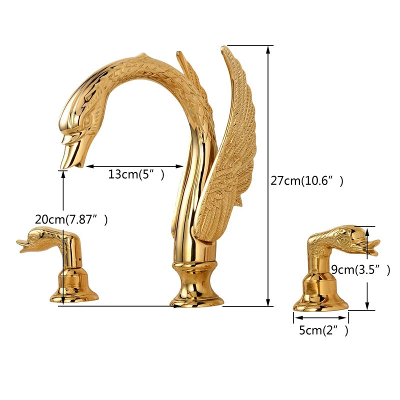 Faucet Bathroom Soild Copper Gold Finish  Faucet Luxury Golden Swan Shape Basin Tap Dual Handle Deck Mount