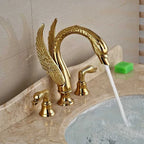 Faucet Bathroom Soild Copper Gold Finish  Faucet Luxury Golden Swan Shape Basin Tap Dual Handle Deck Mount