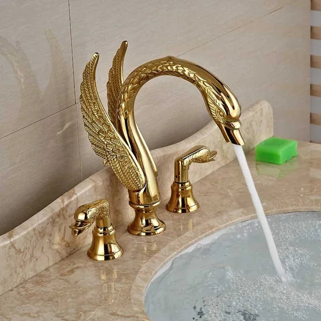 Faucet Bathroom Soild Copper Gold Finish  Faucet Luxury Golden Swan Shape Basin Tap Dual Handle Deck Mount