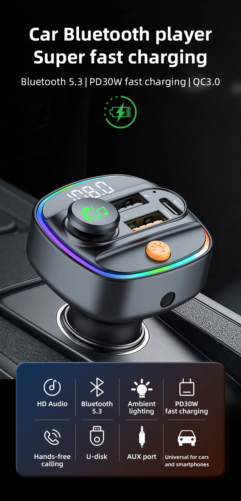 Bluetooth 5.3 FM Transmitter & MP3 Player