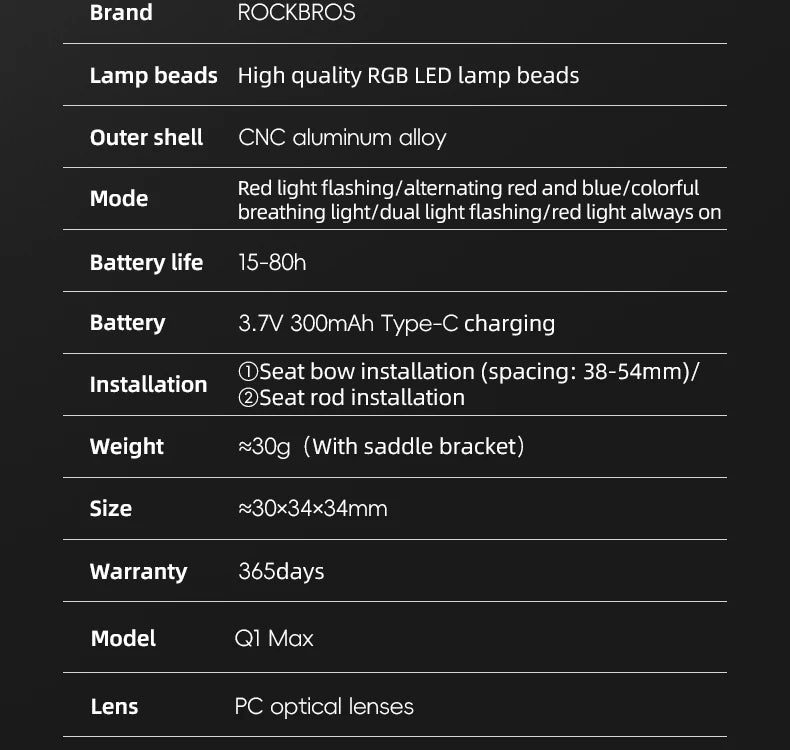 Bicycle Tail Light ROCKBROS Smart Brake Sensing Rear Bike Light
