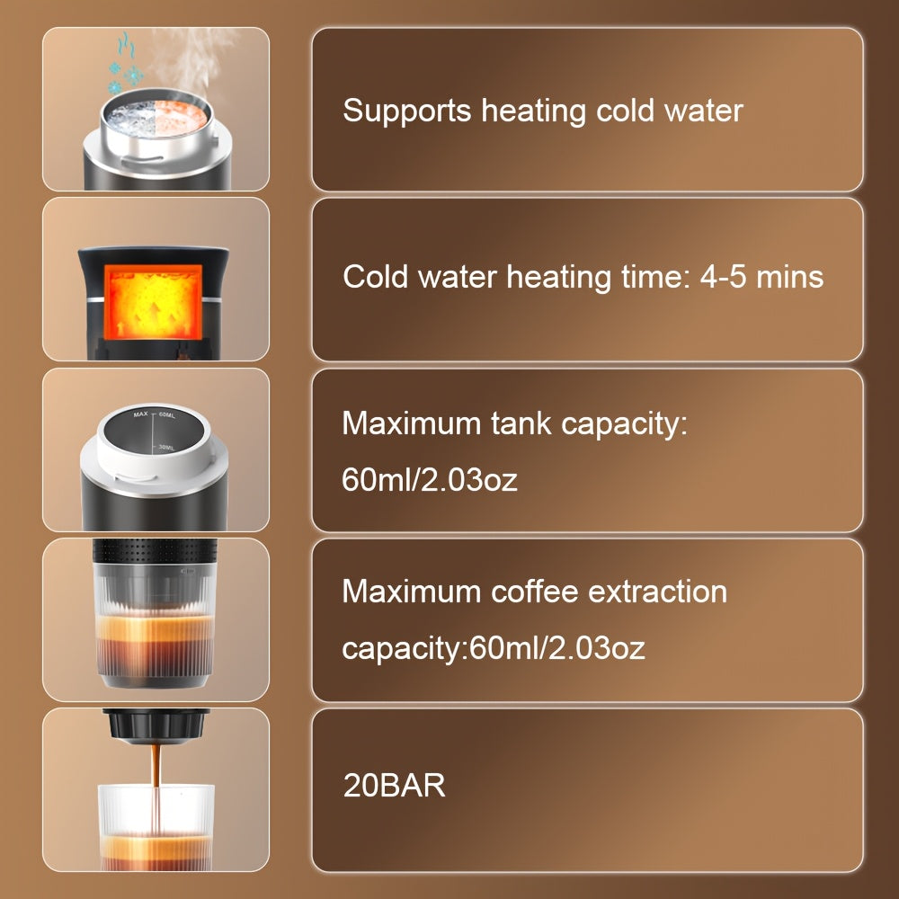 Coffee maker Portable Electric Espresso Machine, Travel Coffee Maker for Camping, Car Coffee Maker Self-Heating with Type-C, Hot and Cold Brew, Compatible with Ground Coffee & Capsule Coffee for RV, Hiking, Office