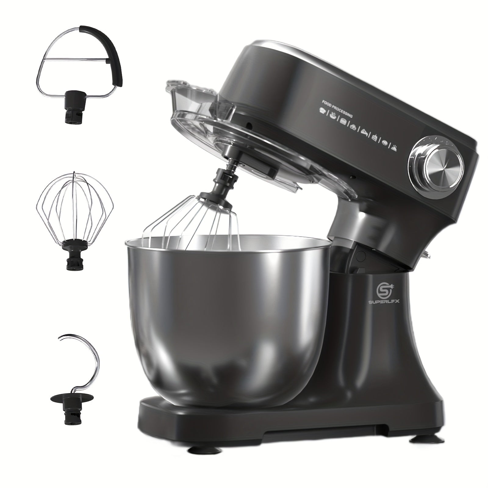Mixer Food Processor 800 W SUPERLEX with 4.5L Stainless Steel Bowl - Professional Kneading Machine with 10 Speeds, Dough Hook, Whisk & Scraper - Stand Mixer for Bread, Cakes & More