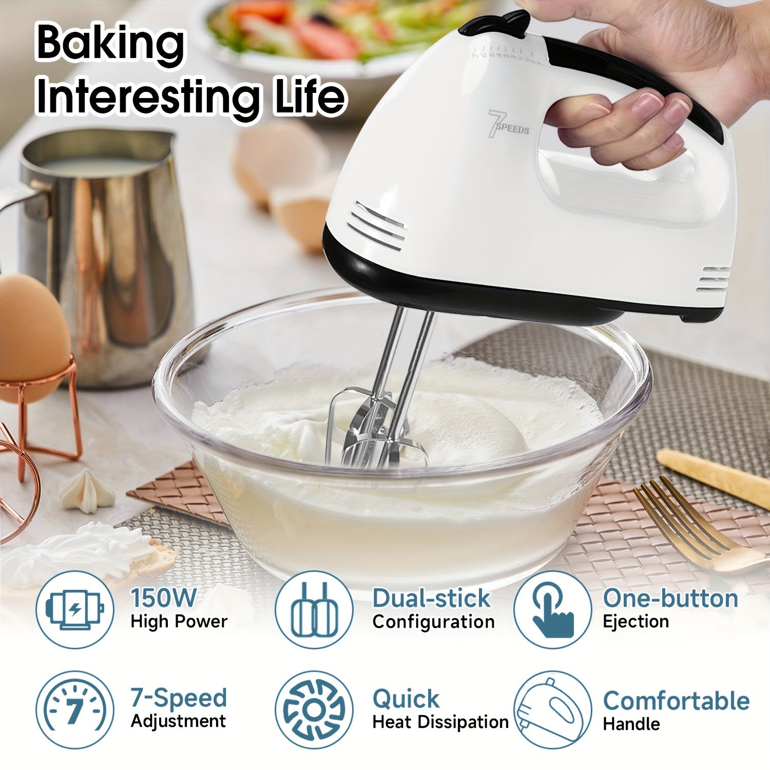 Mixer PANCERKA 7-Speed Handheld Electric Whisk Mixer - Durable Metal, 220V Plug, Multiple Color Options (White, Black, Yellow, Green, Pink, Blue), Perfect for Baking & Food Preparation, Kitchen Mixer | Modern Kitchen Mixer | Durabl