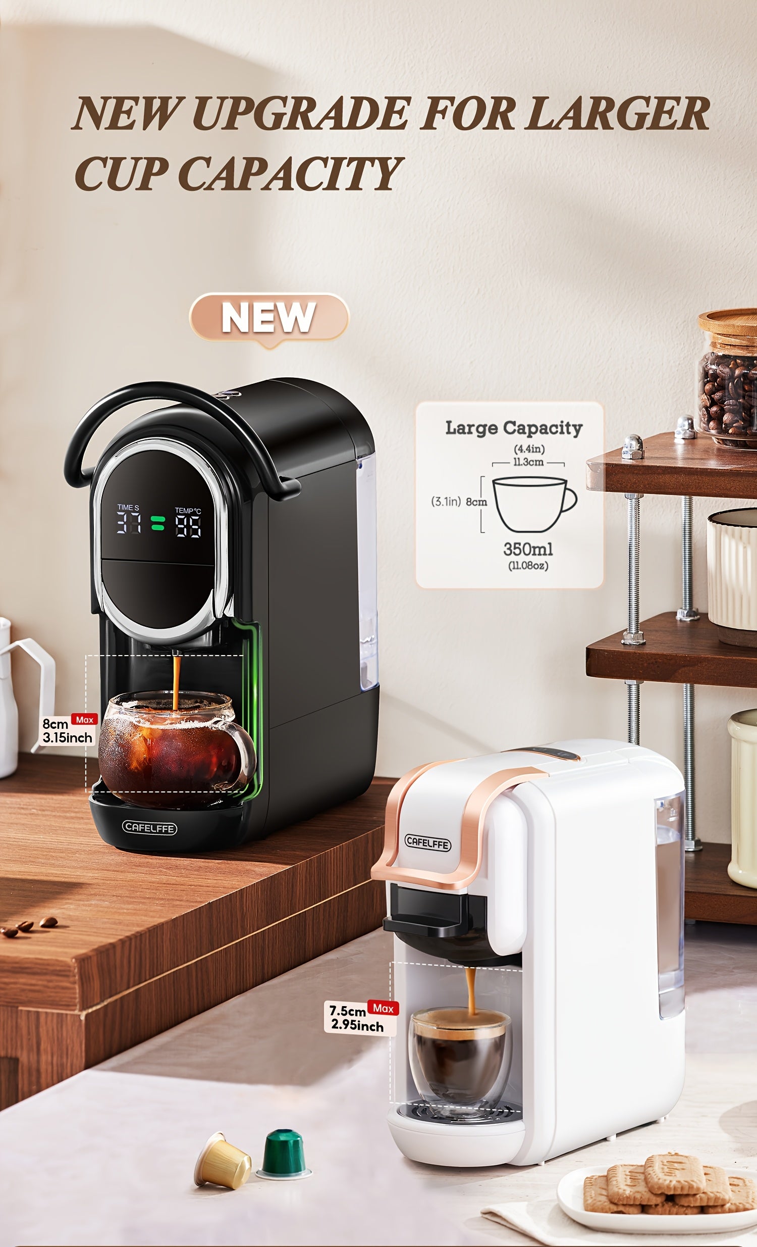Coffee Machine CAFELFFE 19Bar Automatic Capsule  - Cold & Hot, Nescafe, DG, ESE Pod Compatible, Ground Coffee Option, 1450W, 220-240V, Easy to Clean, European Standard Plug, Perfect for Home Kitchen, Ideal Gift for Halloween,
