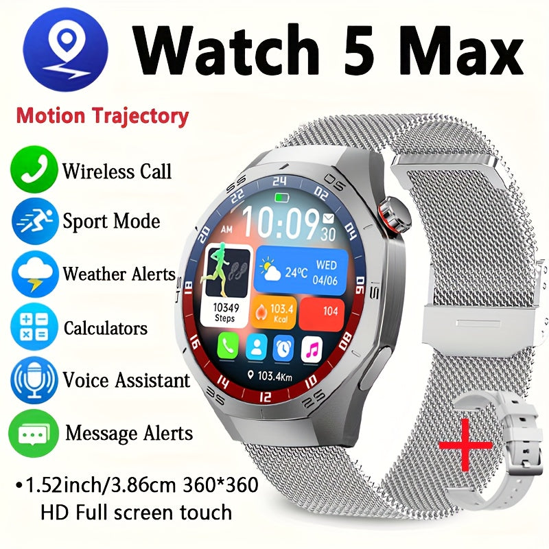 Smartwatch 2025 New GPS GT5  - 3.86cm HD Display, Wireless Calling, Over 100 Sports Modes, AI Voice Assistant, USB Charging, Compass Outdoor Fitness Tracker, Compatible with Android/for iPhone, Multi-Function Accesso