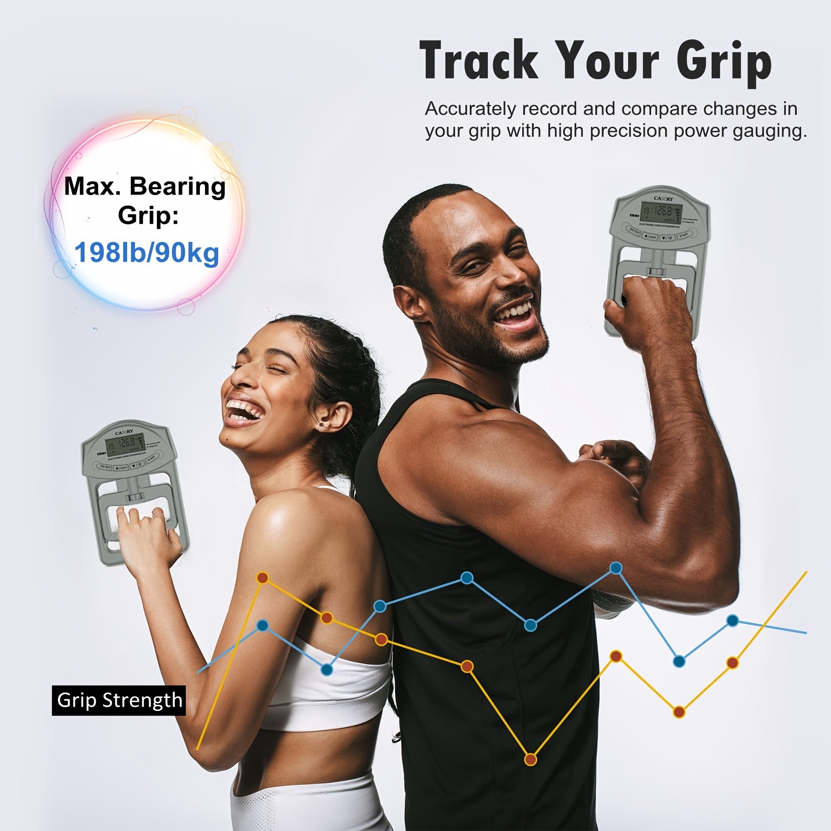 Hand Grip Strength Tester 198lb/90kg, Camry Digital Hand Dynamometer for Hand Grip Strength Trainer Test Electronic Grip Strengthener Hand Exerciser Meter Digital Hand Grip Training Testing Gauge for Sport Home School Use, G