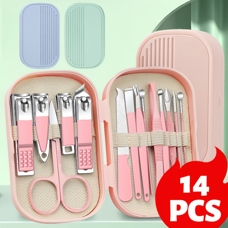 Nail & Foot Care Set  14pcs Stainless Steel with Plastic Storage Case - 3 Colors (Pink, Blue, White) - Heavy-Duty Manicure & Pedicure Kit with Scissors, Cuticle Pusher, Nail File, Cuticle Nipper, Remover, Cuticle Trimmer, Nail