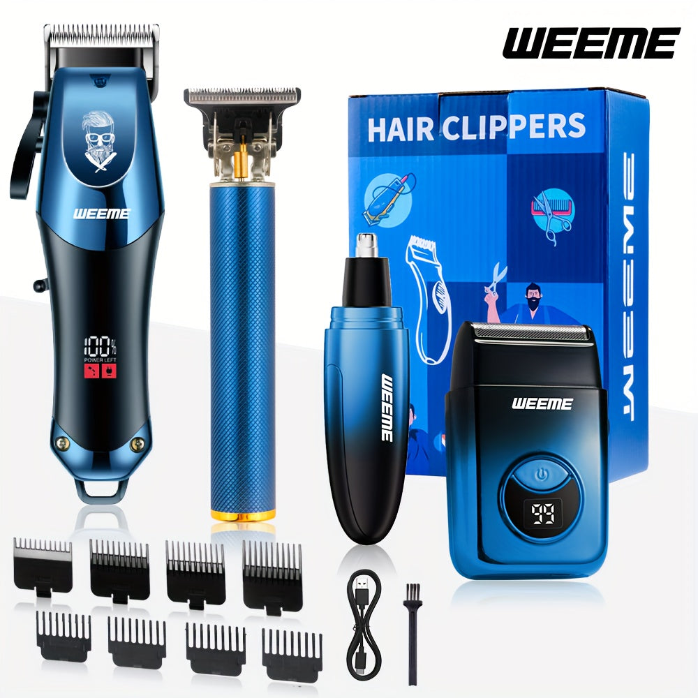 Set WEEME 4pcs Men's electric hair clipper, nose hair clipper, shaver set - wireless USB charging professional hair clipper set with lithium battery - his ideal gift, hair accessories | modern hair clipper tools | fashionable blu