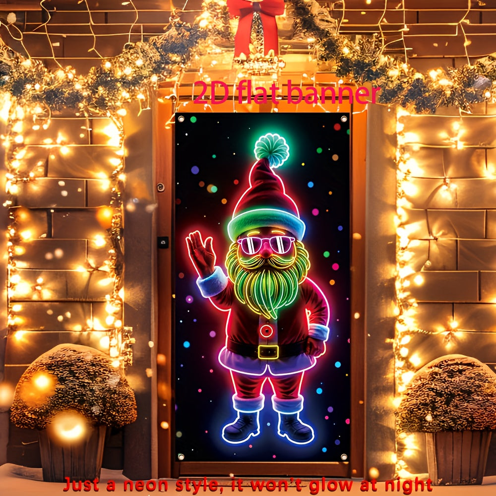 Door Banner 2D Flat, 1pc Festive Santa Claus Neon  - Durable Polyester, Glowing Christmas & New Year Party Decor