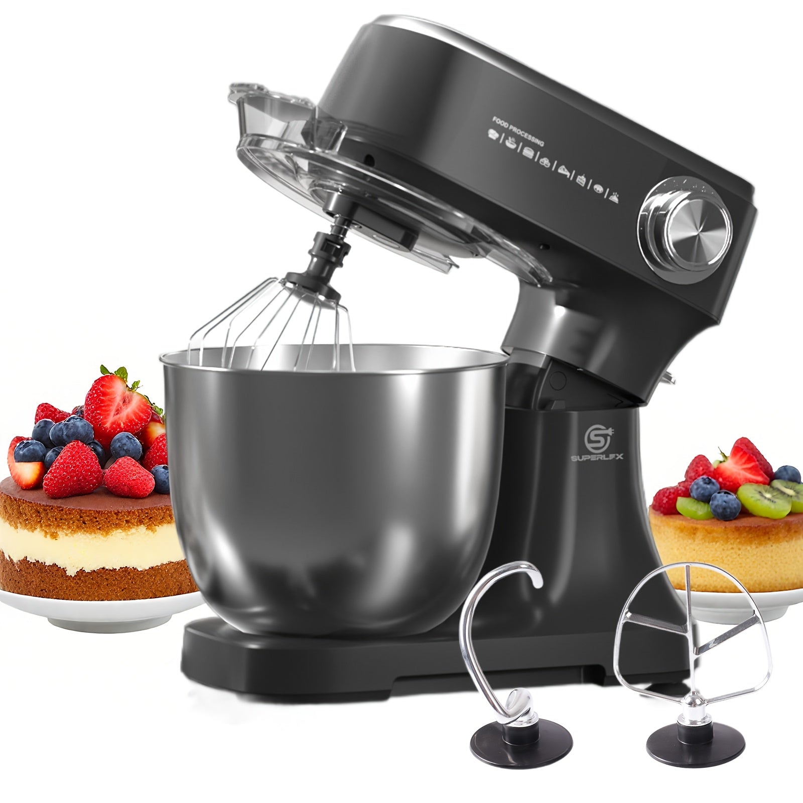 Mixer Food Processor 800 W SUPERLEX with 4.5L Stainless Steel Bowl - Professional Kneading Machine with 10 Speeds, Dough Hook, Whisk & Scraper - Stand Mixer for Bread, Cakes & More