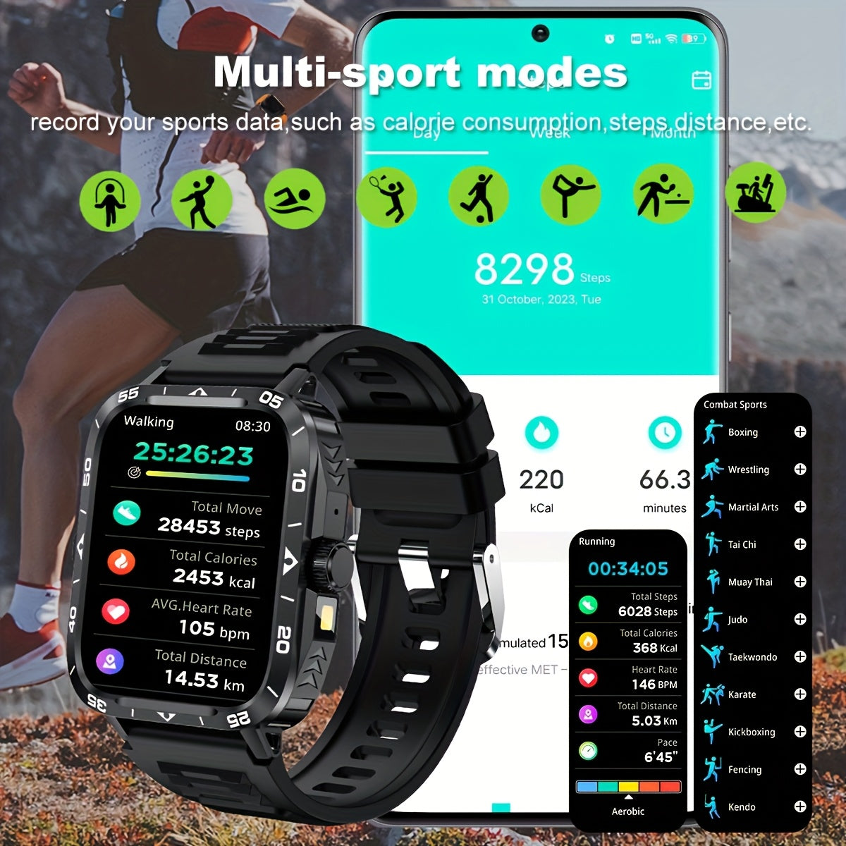Smartwatch 2024 New , IP67, LED Display, Altitude Gauge, Barometer, 100+ Sports Modes, 300mAh Battery, Multimedia Information Viewing, Weatherometer, Pedometer, Fitness Tracker, Wireless 5.0, Android/iOS Compatible, with Call/
