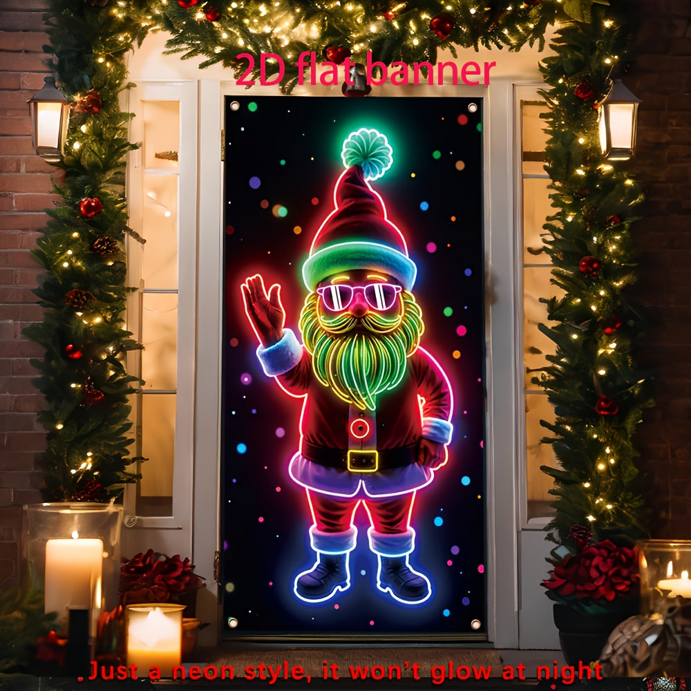 Door Banner 2D Flat, 1pc Festive Santa Claus Neon  - Durable Polyester, Glowing Christmas & New Year Party Decor