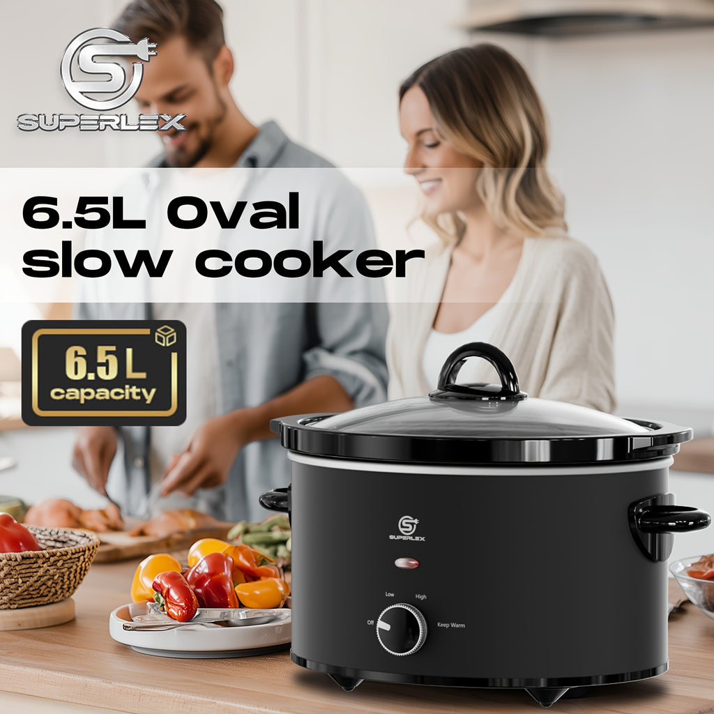 Slow Cooker SUPERLEX 6.5L Large Oval  | 200W Energy-Efficient Ceramic Pot | 4-Temp Control (High/Low/Warm/Off) | Tempered Glass Lid | Perfect for Party Cooking, Slow Cooker Recipe, Home Cooking, Stylish Cookware, Sleek Design,