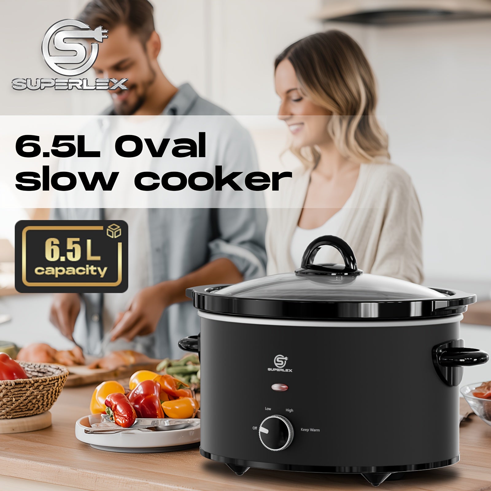 Slow Cooker SUPERLEX 6.5L Large Oval  | 200W Energy-Efficient Ceramic Pot | 4-Temp Control (High/Low/Warm/Off) | Tempered Glass Lid | Perfect for Party Cooking, Slow Cooker Recipe, Home Cooking, Stylish Cookware, Sleek Design,