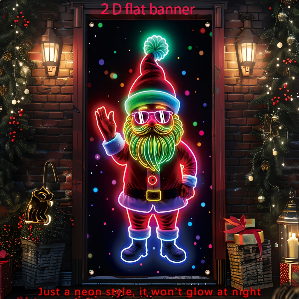 Door Banner 2D Flat, 1pc Festive Santa Claus Neon  - Durable Polyester, Glowing Christmas & New Year Party Decor
