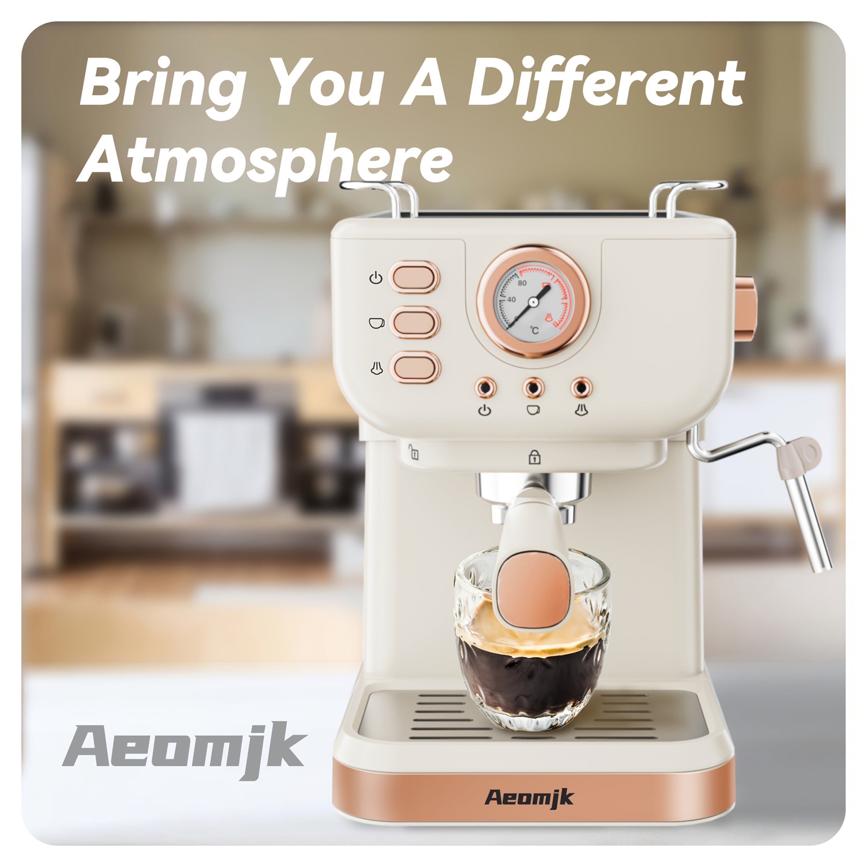 Coffee Machine Aeomjk Italian , One-Button Operation with Thermometer, Semi-Automatic Espresso Maker, 1.5L Water Tank for Espresso, Latte, Cappuccino