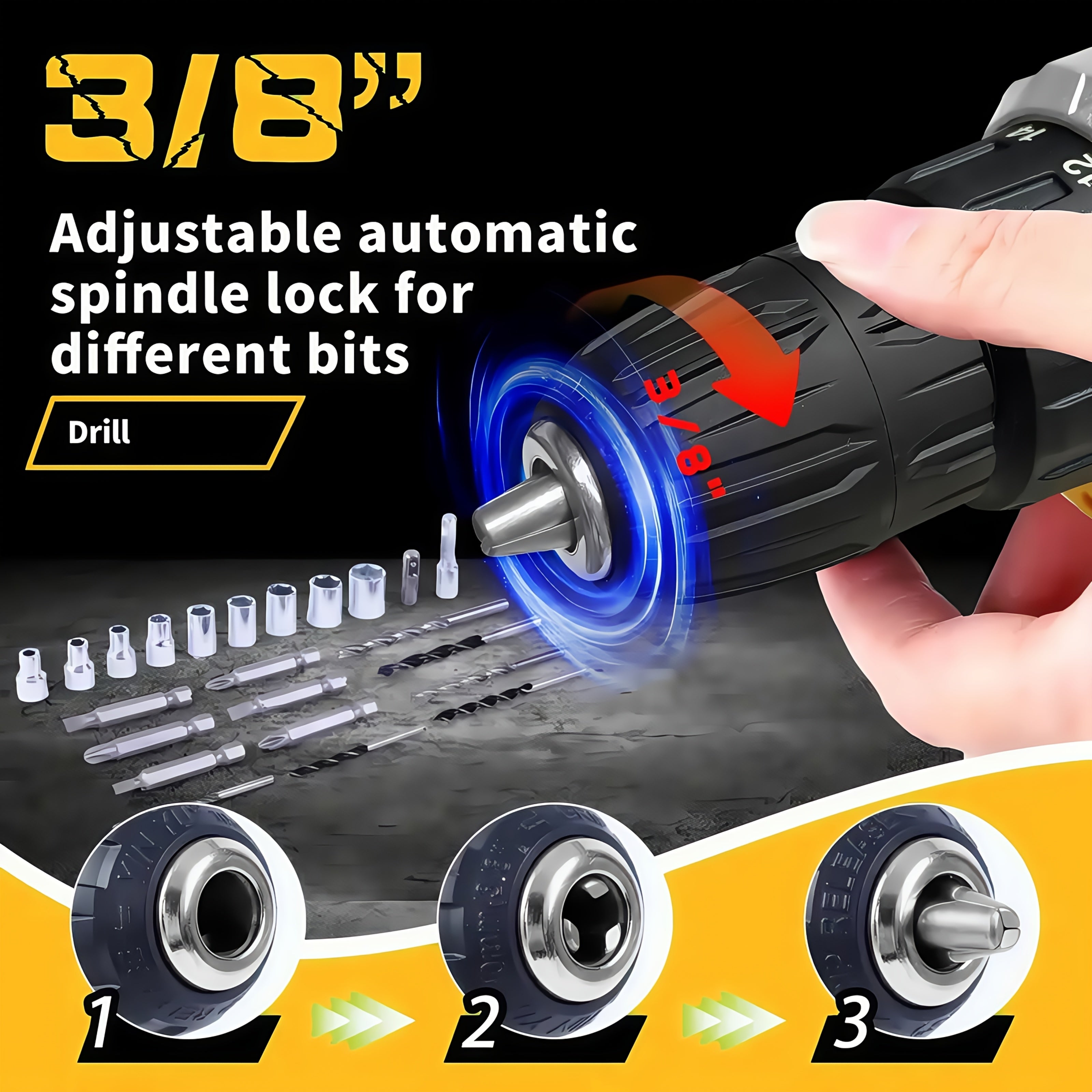 Drill Set Wireless . The New Impact Drill Is Equipped With A 3/8-inch Keyless Chuck And A Work Light