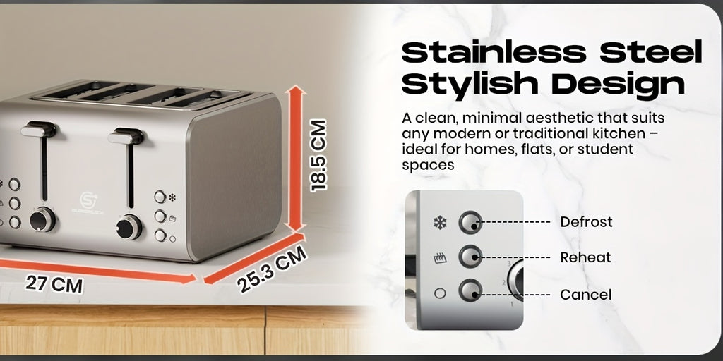 Toaster SUPERLEX 1600W 4-Slice Stainless Steel  | Digital Display | Defrost/Reheat/Cancel | Auto Pop-Up & Crumb Tray | Cord Storage (220-240V EU), Kitchen Appliance, Home Cooking, Sleek Design, Modern Toaster, Durable Construc