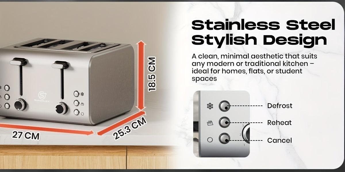 Toaster SUPERLEX 1600W 4-Slice Stainless Steel  | Digital Display | Defrost/Reheat/Cancel | Auto Pop-Up & Crumb Tray | Cord Storage (220-240V EU), Kitchen Appliance, Home Cooking, Sleek Design, Modern Toaster, Durable Construc