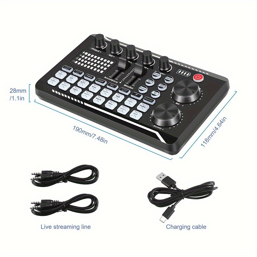 Sound Card USB-Powered Live  with Audio Interface, DJ Mixer Effects, Voice Changer, Rechargeable 1200mAh Lithium Battery, for Streaming, Podcasting, Gaming - Studio Equipment