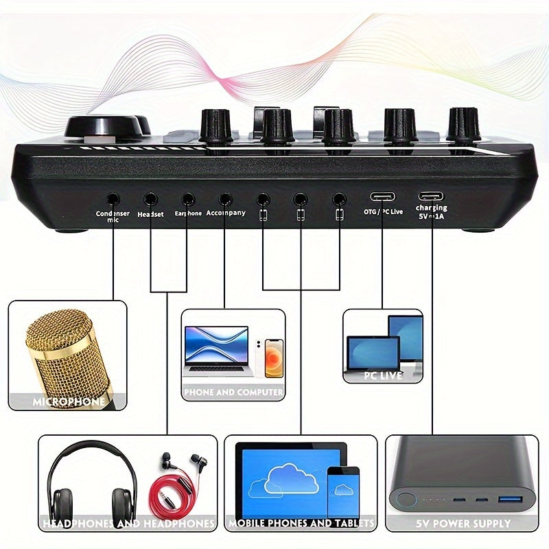 Sound Card USB-Powered Live  with Audio Interface, DJ Mixer Effects, Voice Changer, Rechargeable 1200mAh Lithium Battery, for Streaming, Podcasting, Gaming - Studio Equipment