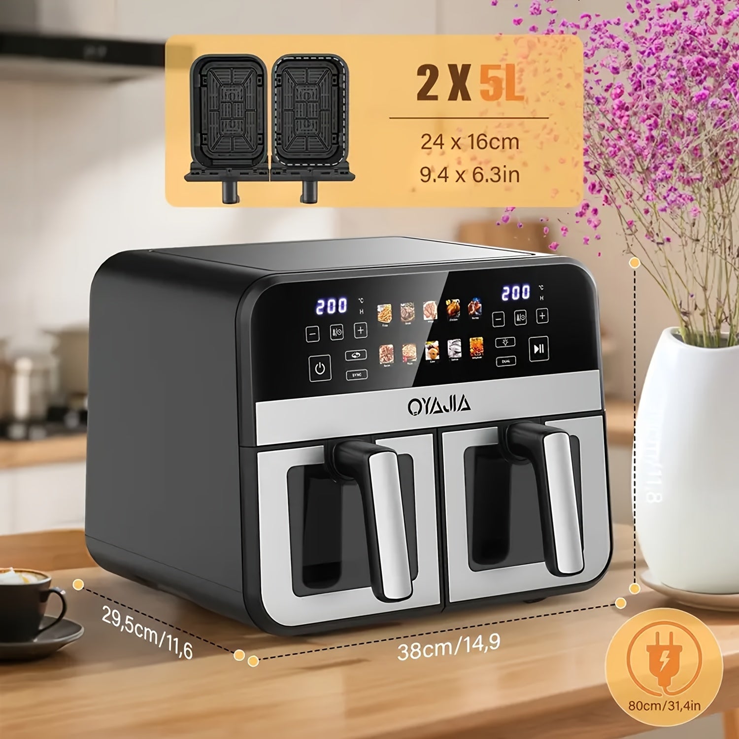 Air Fryer 9/10L Dual Zone  with Visual Window, 8 Pre-Programmed Menus Smart Cooking