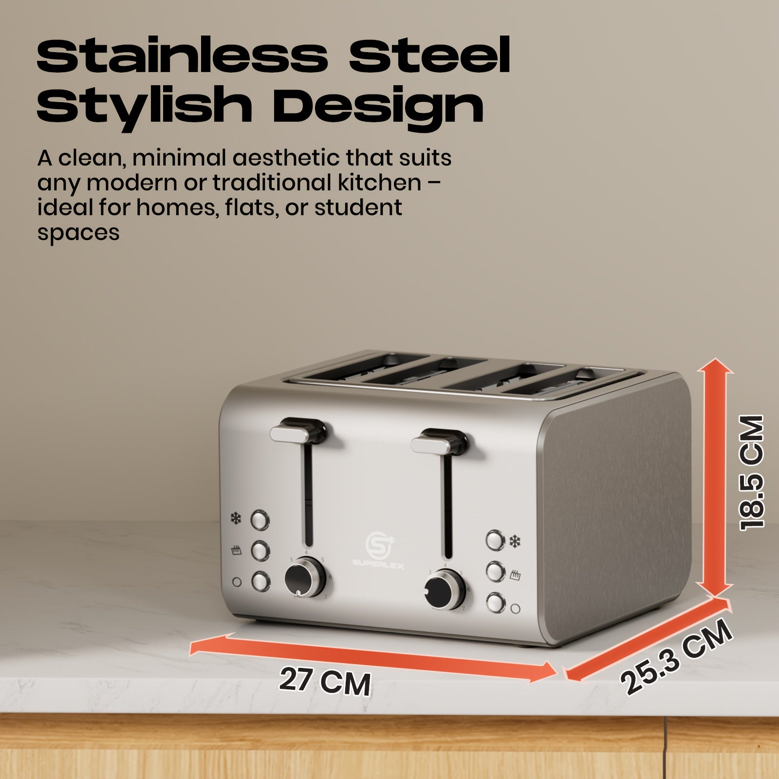 Toaster SUPERLEX 1600W 4-Slice Stainless Steel  | Digital Display | Defrost/Reheat/Cancel | Auto Pop-Up & Crumb Tray | Cord Storage (220-240V EU), Kitchen Appliance, Home Cooking, Sleek Design, Modern Toaster, Durable Construc