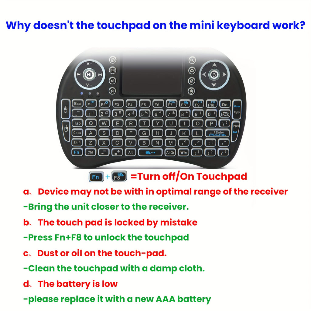 Keyboard i8 2.4G Mini wireless with touchpad &7-color Backlit, plug and play, Super cool design,Perfect for Android TV Box, Smart TV, Projector, PS3, and more!