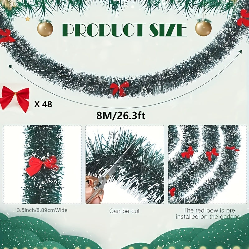 Garland 7.92meter Vintage Tinsel Christmas  with Red Bows