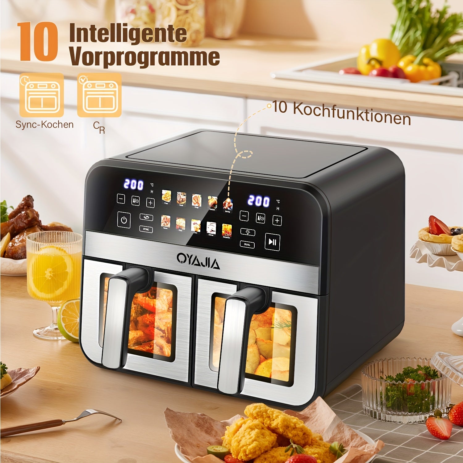 Air Fryer 9/10L Dual Zone  with Visual Window, 8 Pre-Programmed Menus Smart Cooking